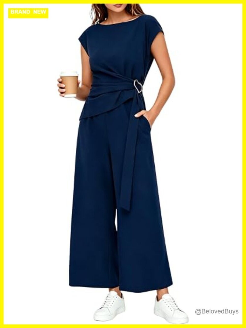 Women's 2 Piece Lounge Sets Cap Sleeve Buckle Top Wide Leg Pant Travel Outfits